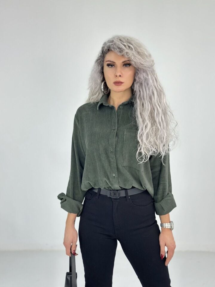 Yeşil Kadife Fitilli Kalın Gömlek
