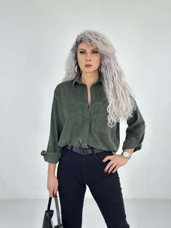 Yeşil Kadife Fitilli Kalın Gömlek