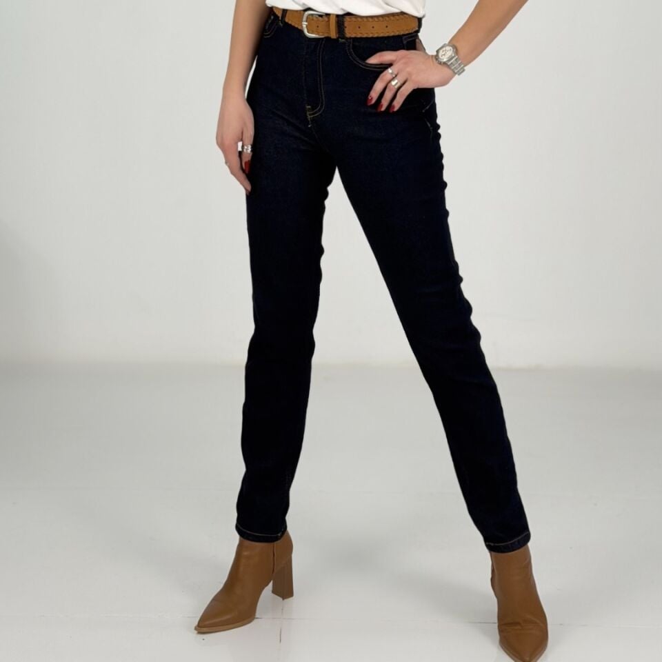 Lacivert Yüksek Bel Likralı Mom Fit Jean
