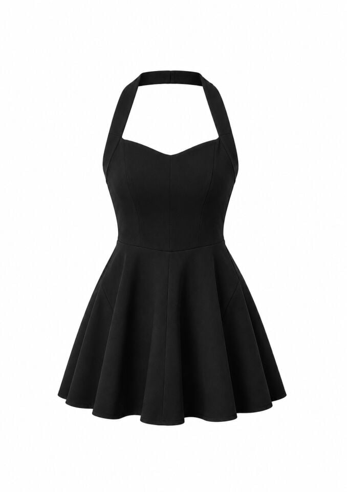 Siyah Halter Yaka Kloş Mini Elbise