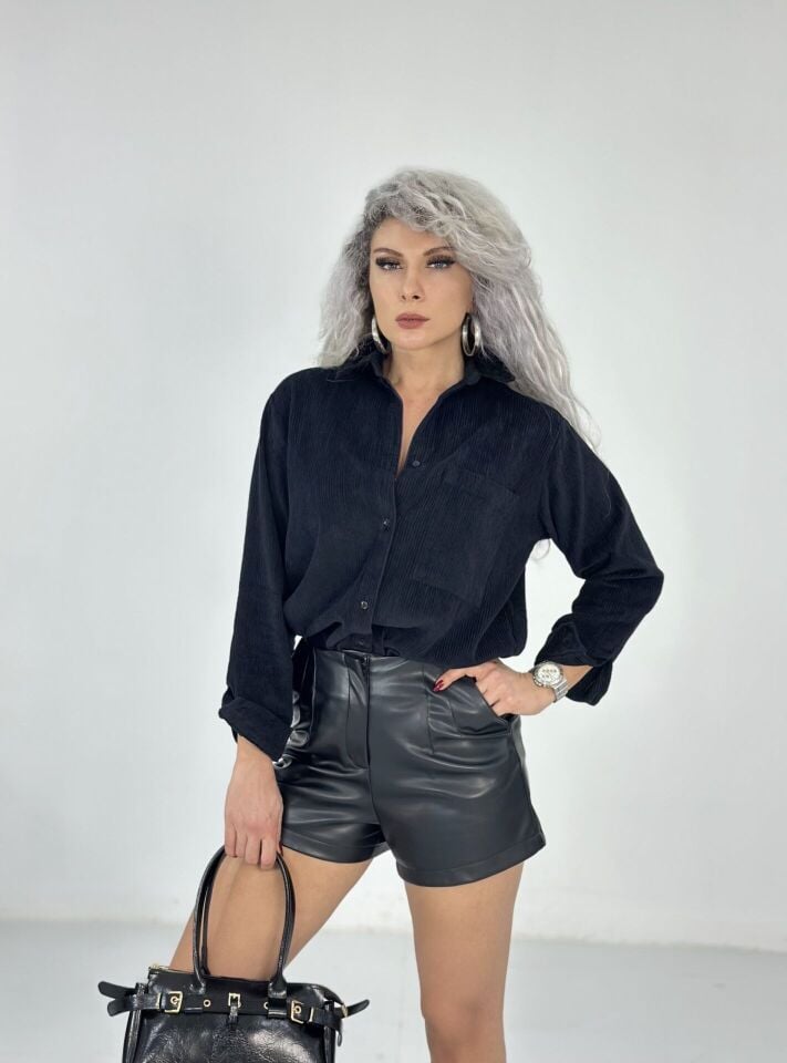 Siyah Kadife Fitilli Kalın Gömlek