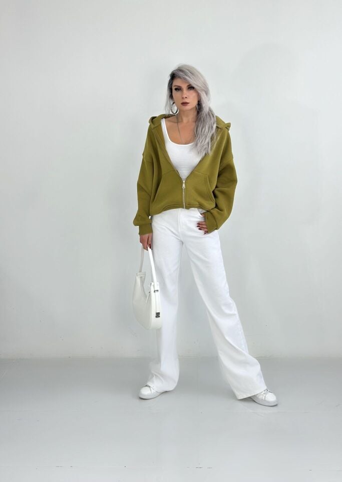 Zeytin Yeşili Kapşonlu Fermuarlı Sweatshirt