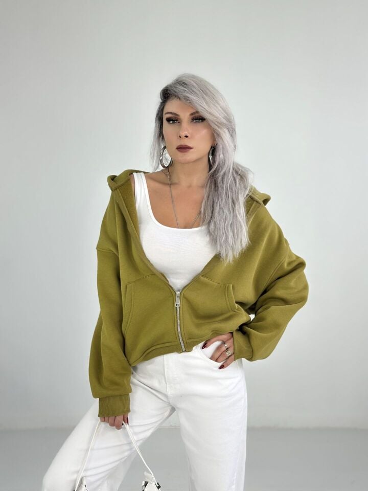 Zeytin Yeşili Kapşonlu Fermuarlı Sweatshirt