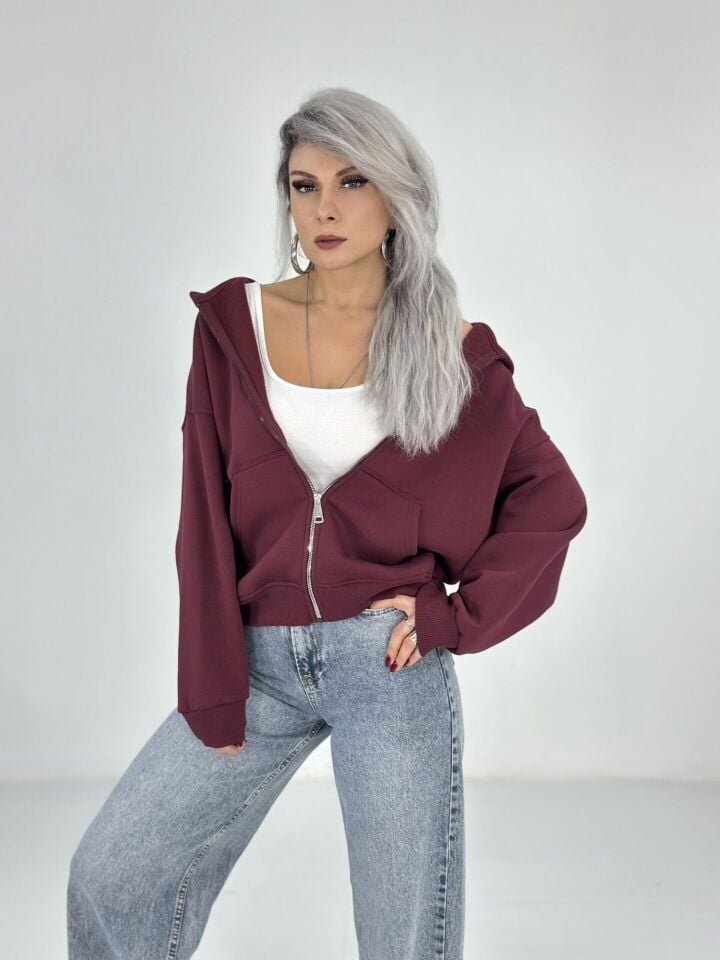 Bordo Kapşonlu Fermuarlı Sweatshirt