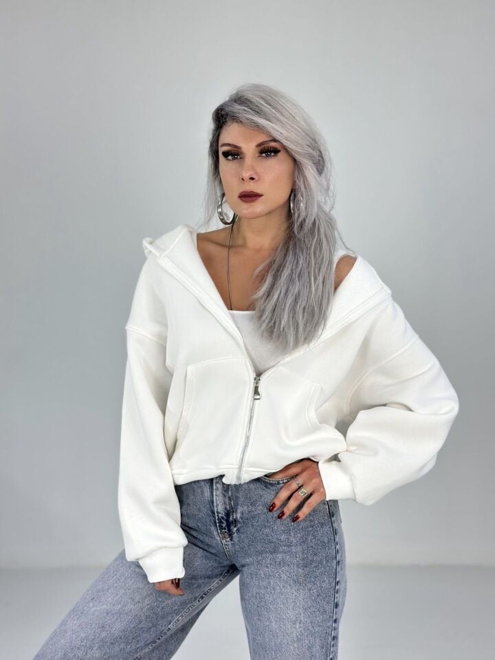 Beyaz Kapşonlu Fermuarlı Sweatshirt
