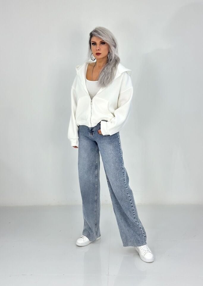 Beyaz Kapşonlu Fermuarlı Sweatshirt