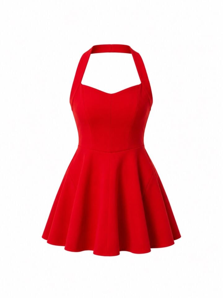 Kırmızı Halter Yaka Kloş Mini Elbise