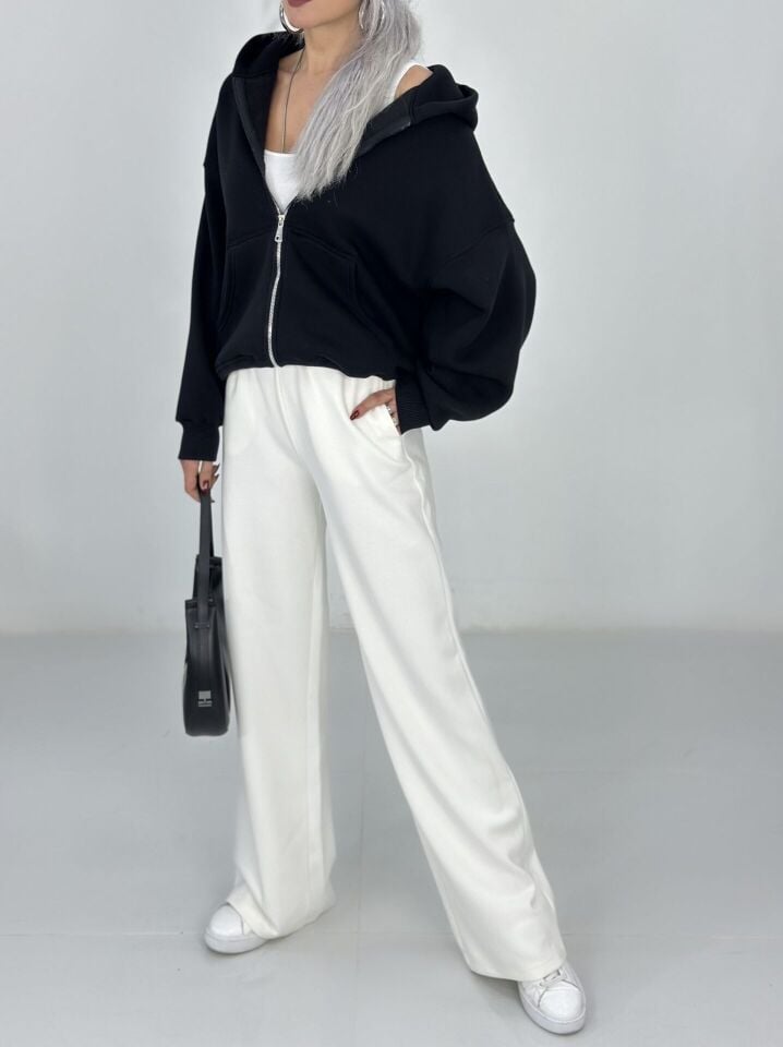 Siyah Kapşonlu Fermuarlı Sweatshirt
