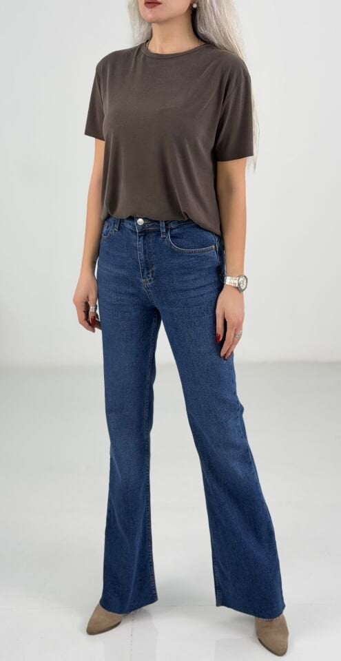 Mavi Yıkamalı Yüksek Bel Likralı İspanyol Paça Jean