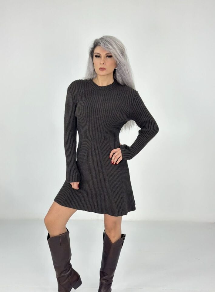 Kahve Uzun Kollu Mini Boy Triko Elbise