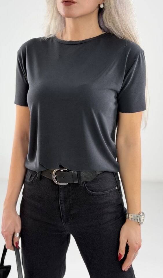 Antrasit Bisiklet Yaka Modal Kumaş Tshirt