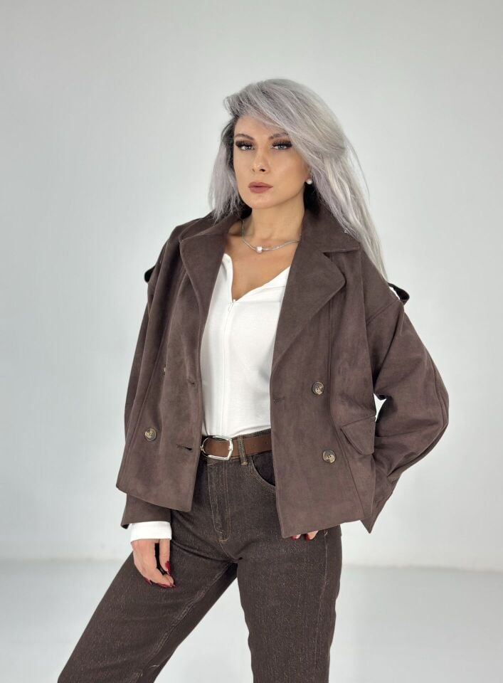 Koyu Kahve Apoletli Süet Ceket Mont