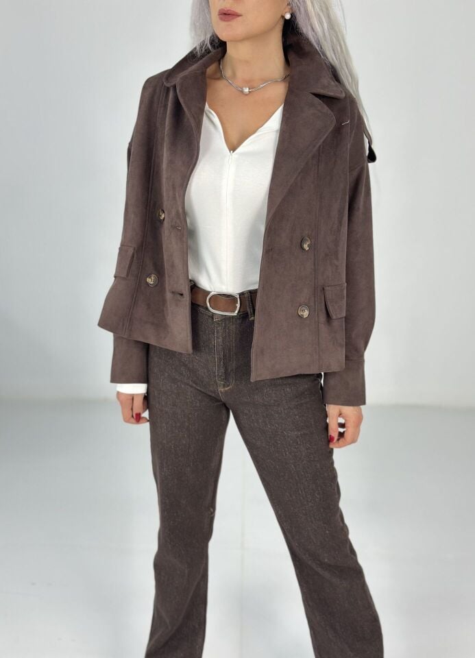 Koyu Kahve Apoletli Süet Ceket Mont