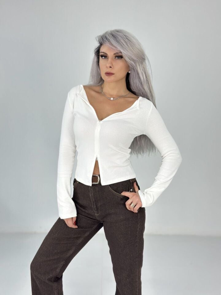 Beyaz Fermuarlı Body
