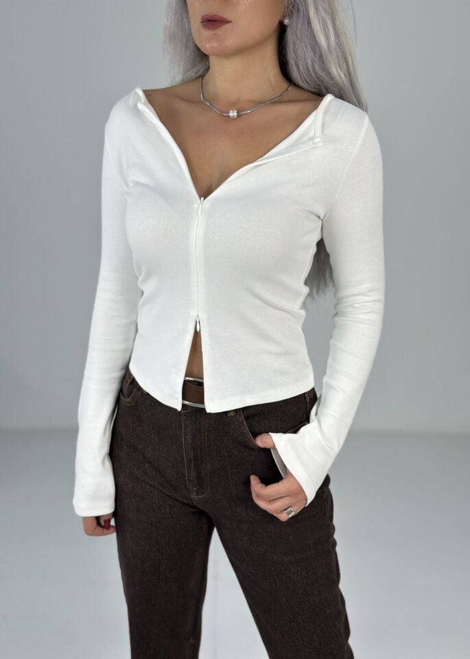 Beyaz Fermuarlı Body