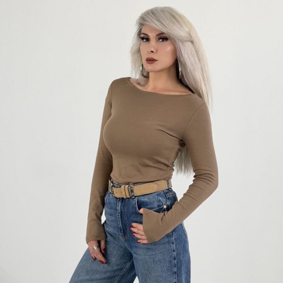 Camel Kayık Yaka Likralı Body Bluz