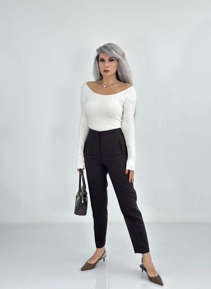 Koyu Kahve Yüksek Bel Kalem Pantolon