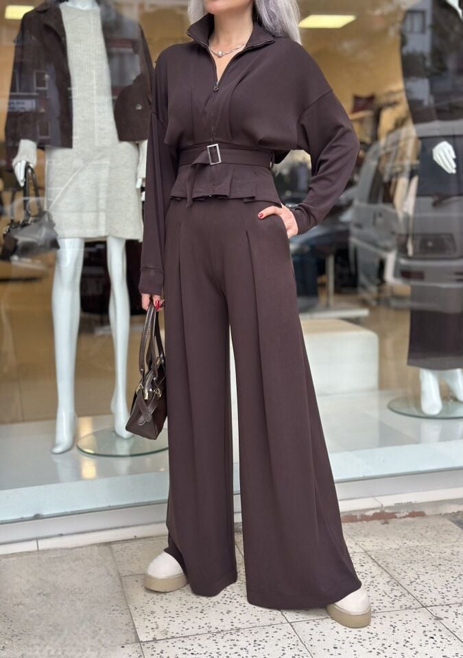 Kahve Kemerli Bol Paça Modal Pantolon Takım