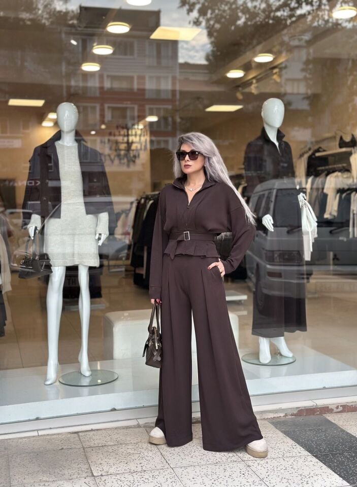 Kahve Kemerli Bol Paça Modal Pantolon Takım