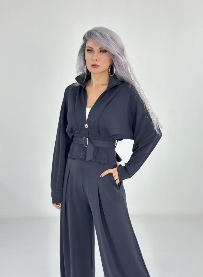 Antrasit Kemerli Bol Paça Modal Pantolon Takım