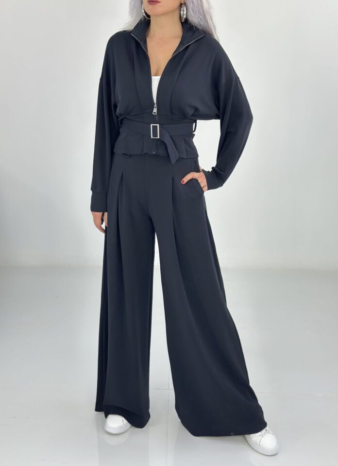 Siyah Kemerli Bol Paça Modal Pantolon Takım