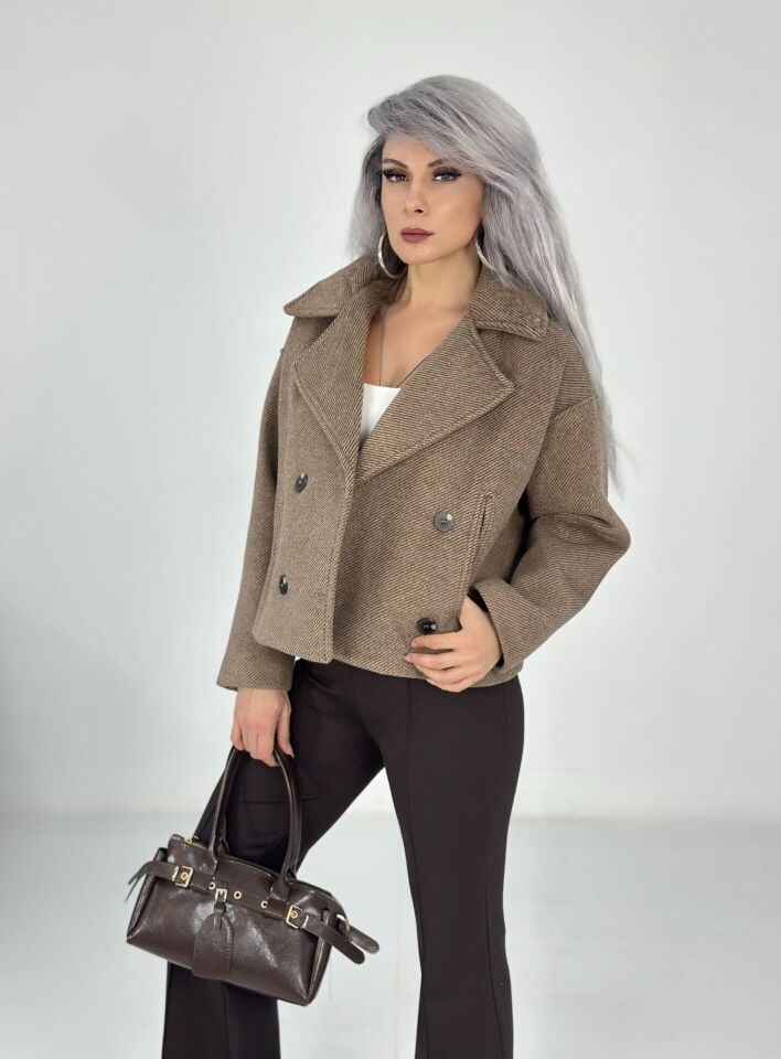 Camel Düğmeli Yumuşak Kaşe Ceket Mont