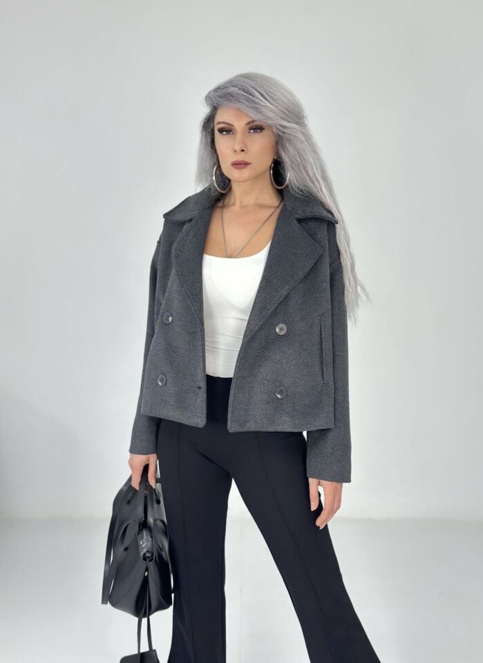 Antrasit Düğmeli Yumuşak Kaşe Ceket Mont