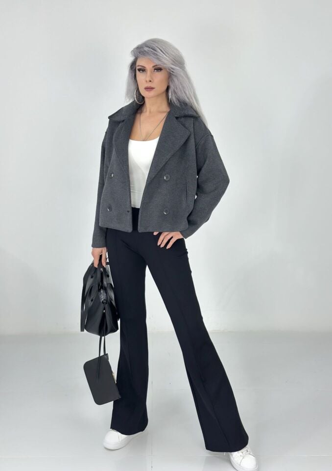 Antrasit Düğmeli Yumuşak Kaşe Ceket Mont