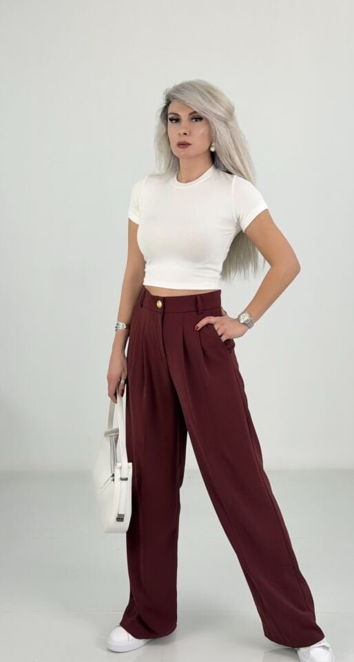 Bordo Belden Lastikli Bol Paça Kumaş  Pantolon