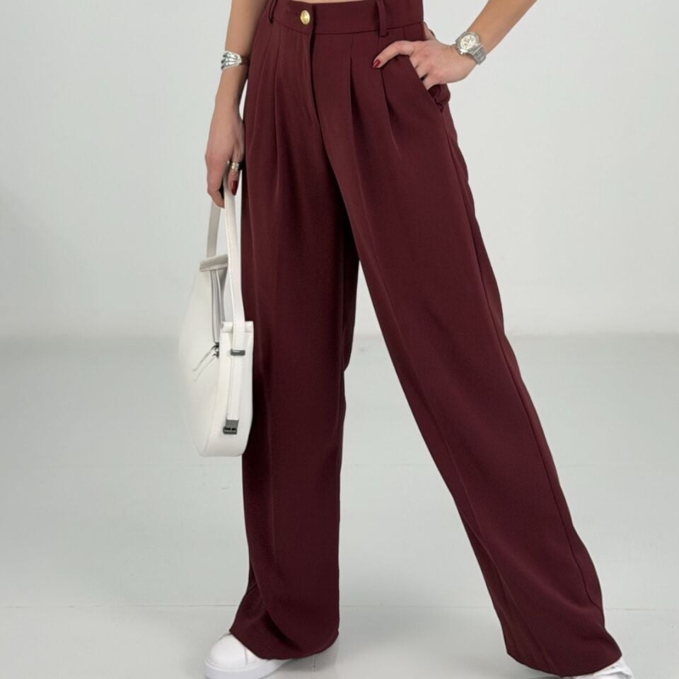 Bordo Belden Lastikli Bol Paça Kumaş  Pantolon