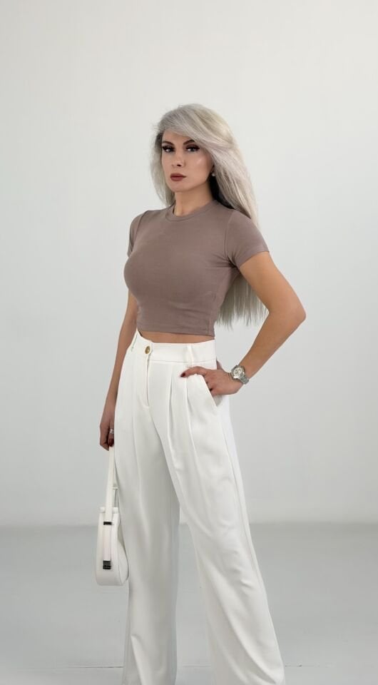 Cappuccino Bisiklet Yaka Likralı Crop Basic Tshirt