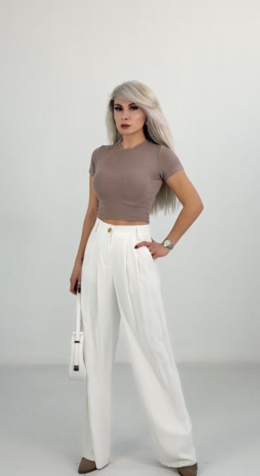 Cappuccino Bisiklet Yaka Likralı Crop Basic Tshirt
