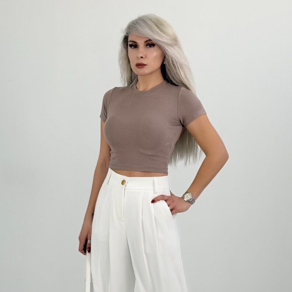 Cappuccino Bisiklet Yaka Likralı Crop Basic Tshirt