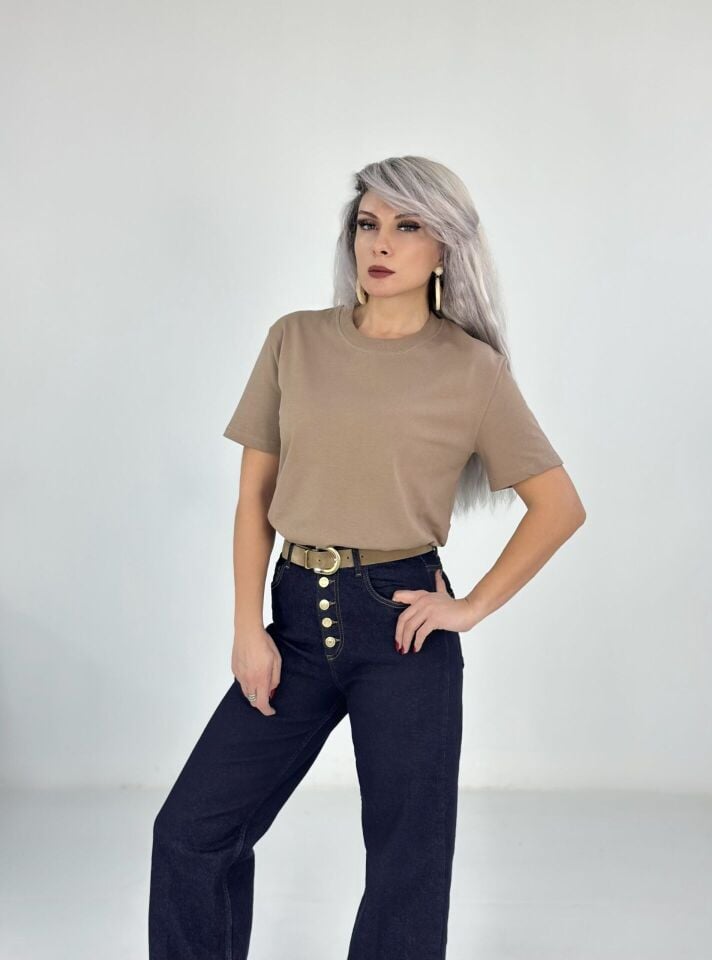 Camel Çift Kat Bisiklet Yaka Basic Tshirt