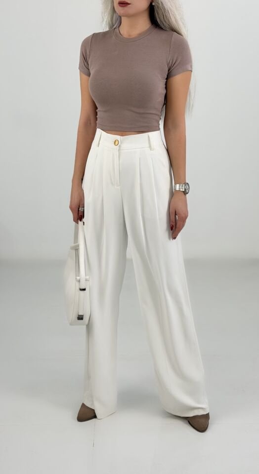 Beyaz Belden Lastikli Bol Paça Kumaş Pantolon