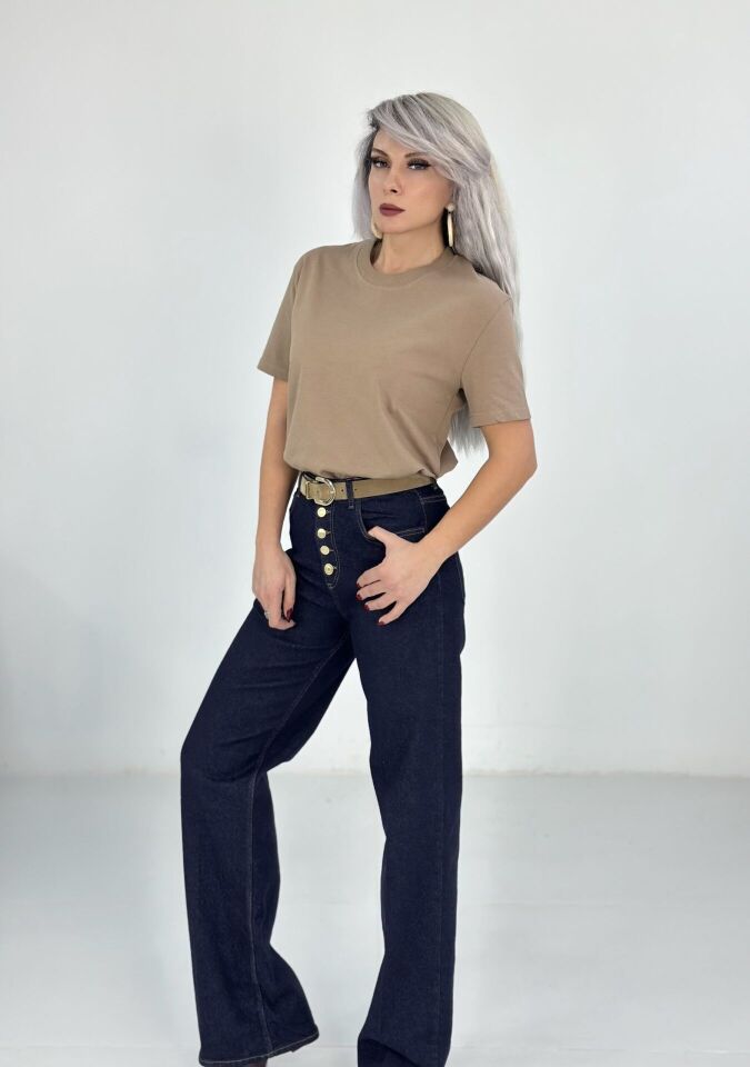 Lacivert Kemerli Gold Düğmeli Palazzo Jean