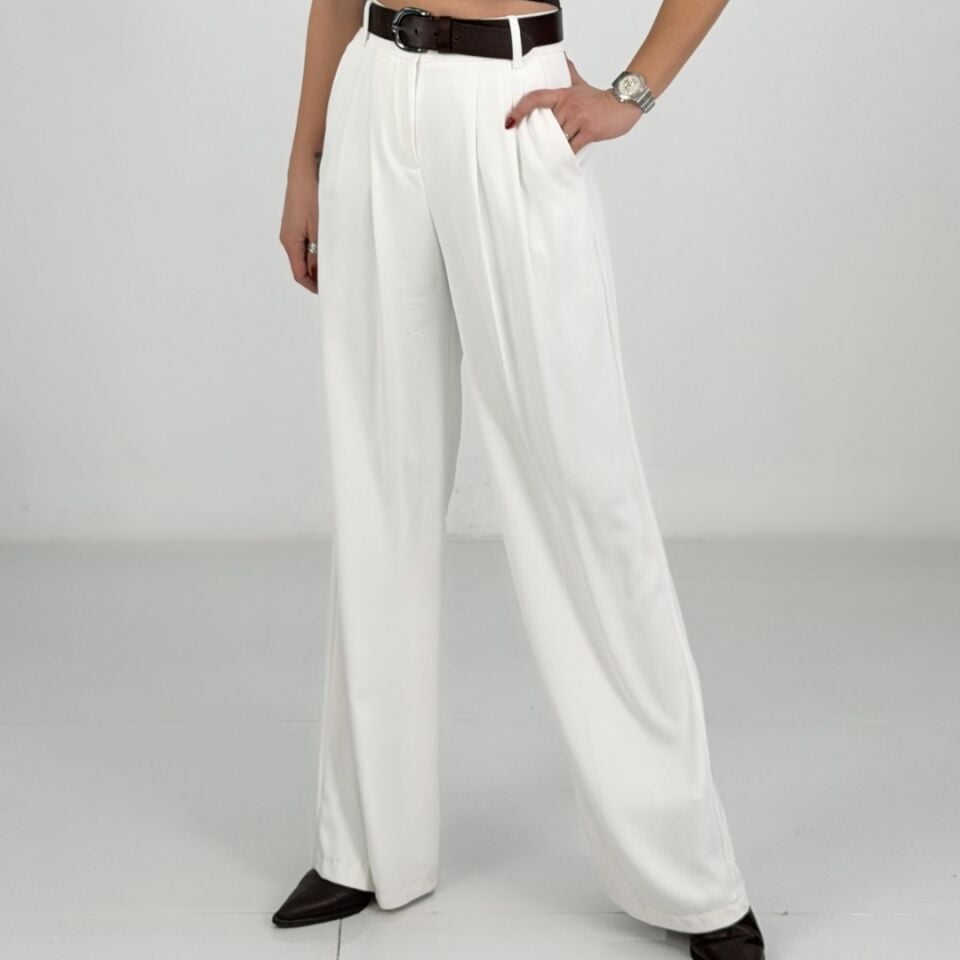 Beyaz Belden Lastikli Bol Paça Kumaş Pantolon