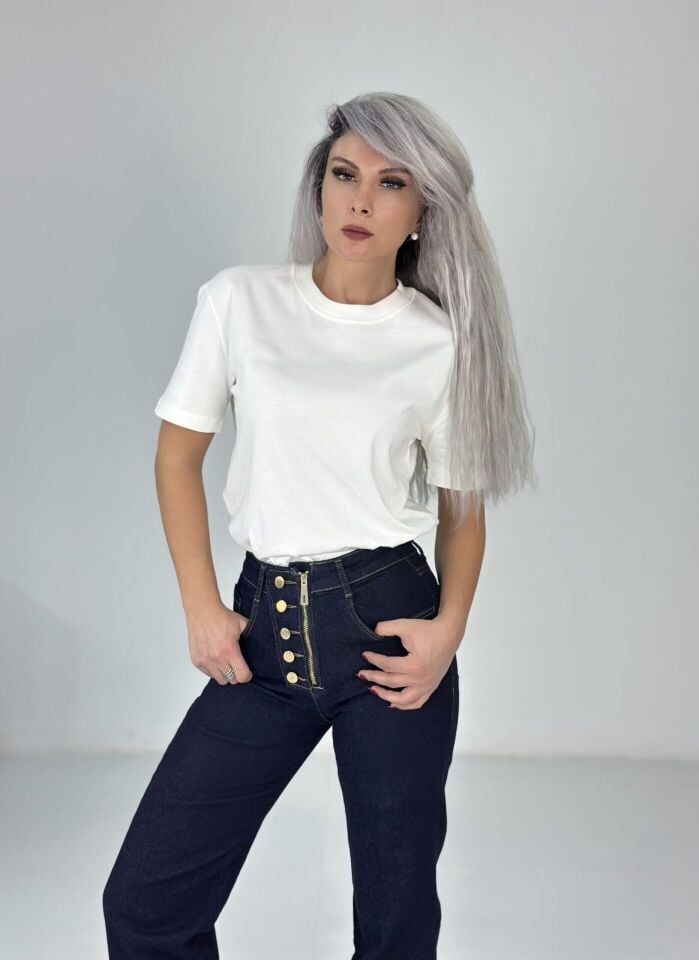 Beyaz Çift Kat Bisiklet Yaka Basic Tshirt