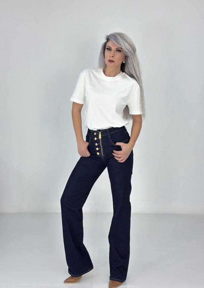 Lacivert Gold Düğme ve Fermuar Detay İspanyol Paça Jean