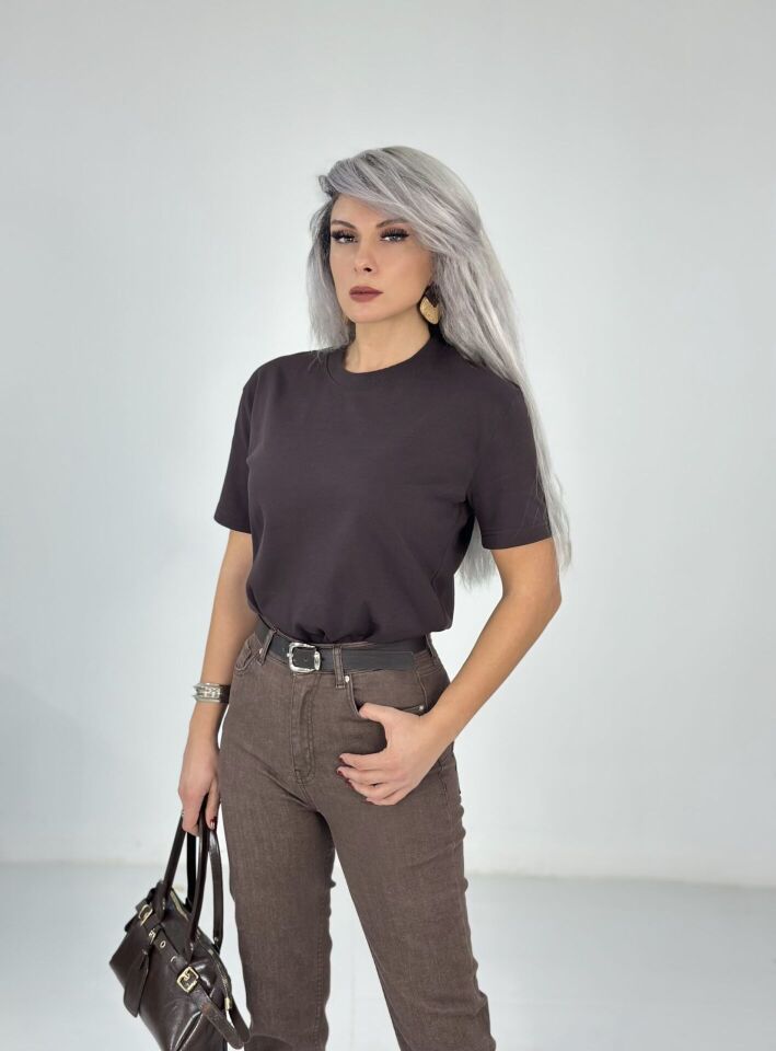 Kahve Çift Kat Bisiklet Yaka Basic Tshirt