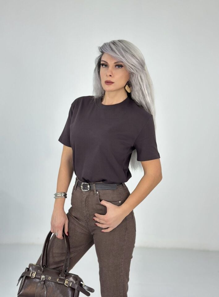 Kahve Çift Kat Bisiklet Yaka Basic Tshirt