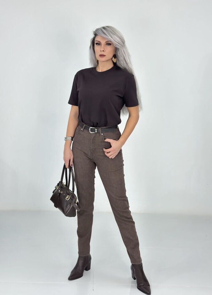 Açık Kahve Kemerli Push Up Mom Jean