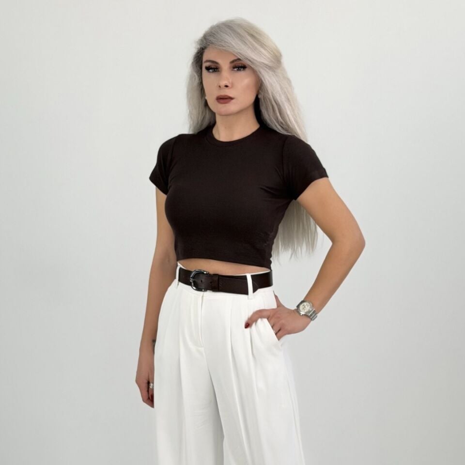 Kahve Bisiklet Yaka Likralı Crop Basic Tshirt