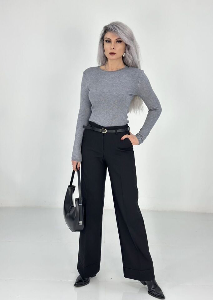 Siyah İnce Kemerli Duble Paça Bol Kumaş Pantolon