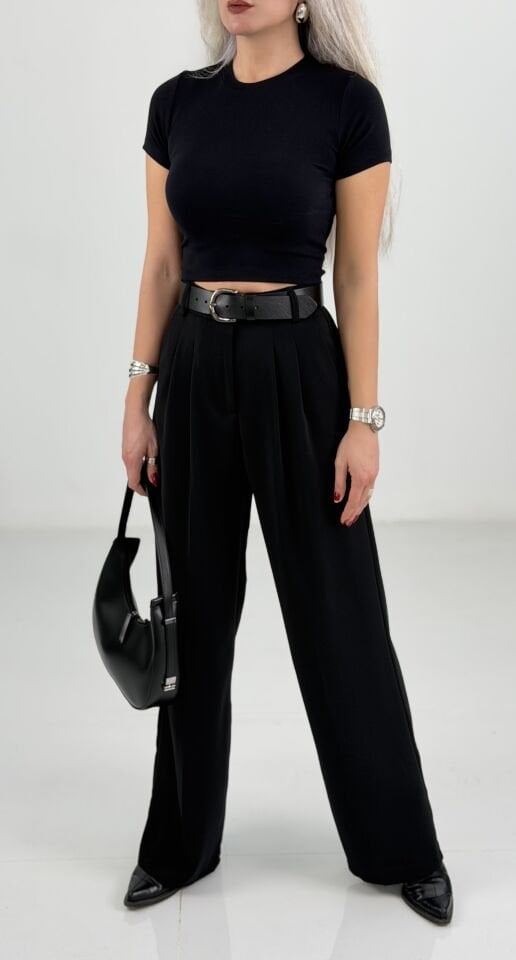 Siyah Belden Lastikli Bol Paça Kumaş Pantolon