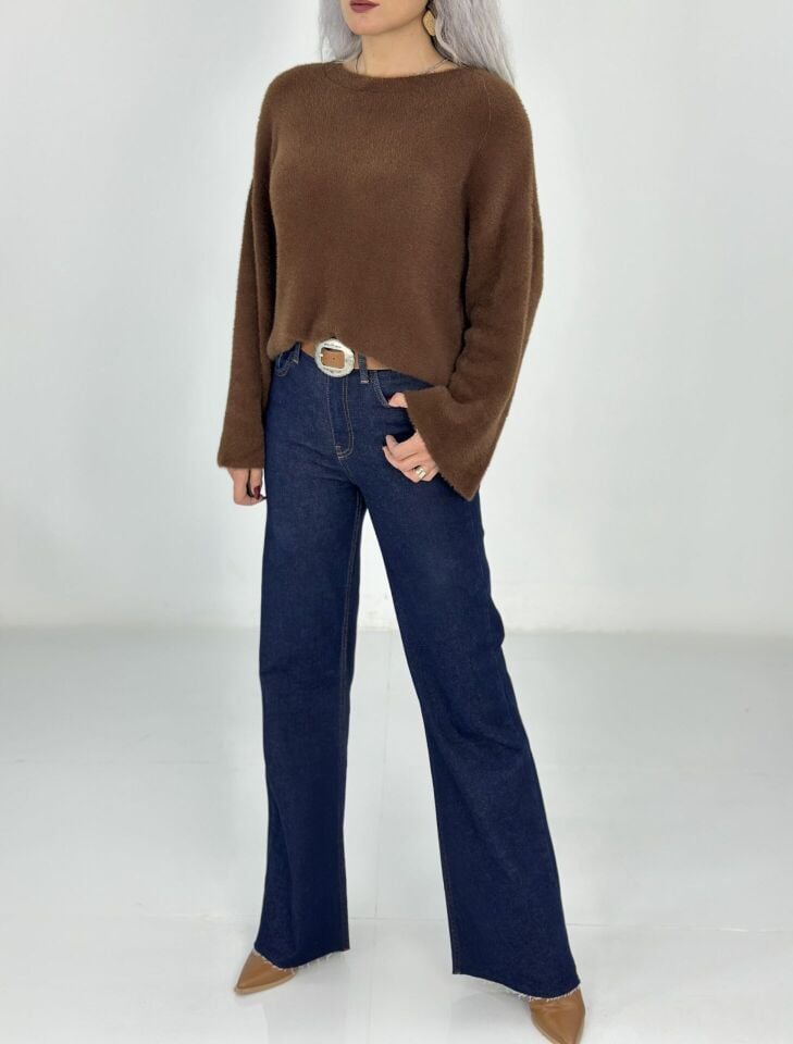 Lacivert Yüksek Bel Yarı Flare Jean