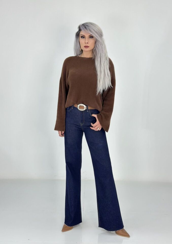 Lacivert Yüksek Bel Yarı Flare Jean