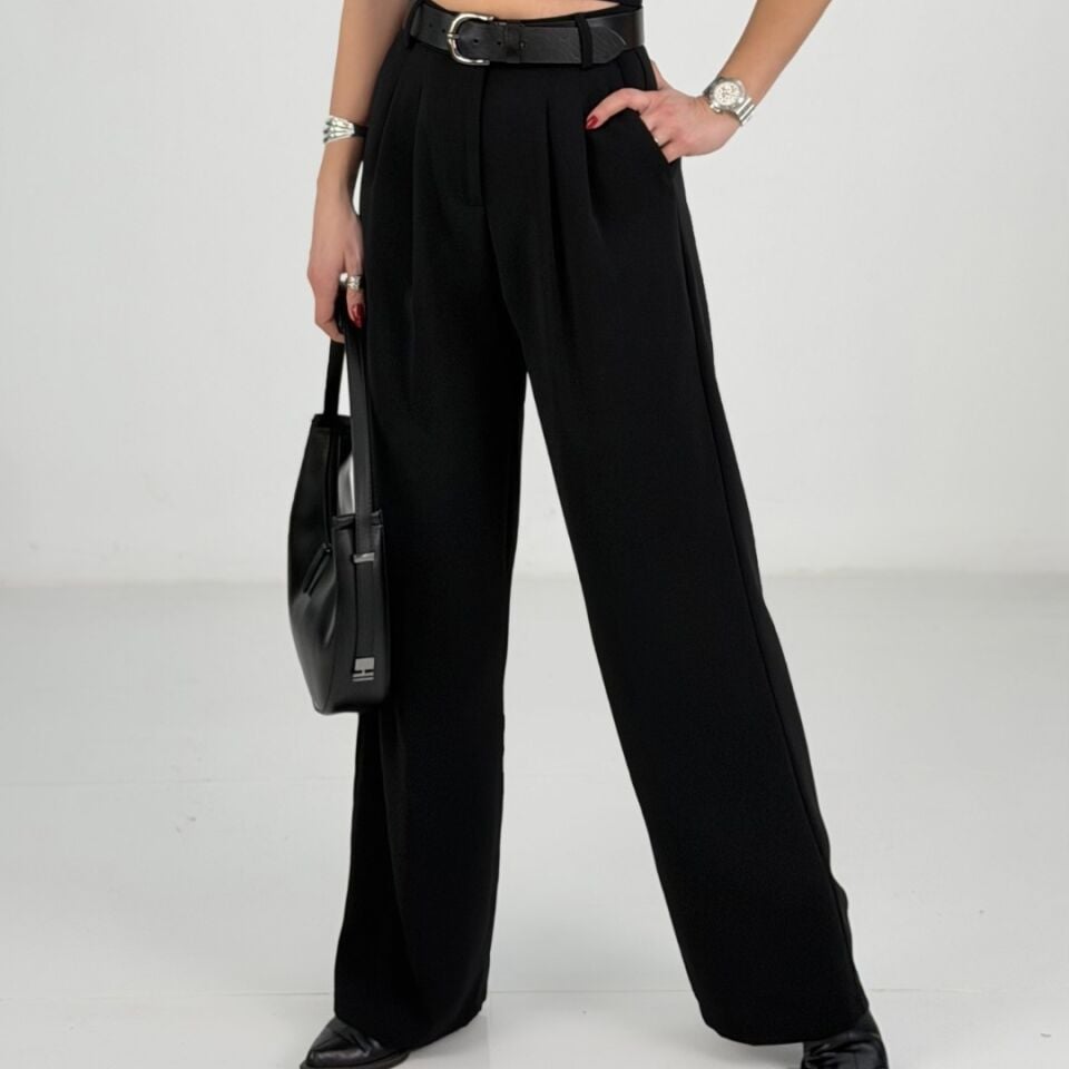 Siyah Belden Lastikli Bol Paça Kumaş Pantolon