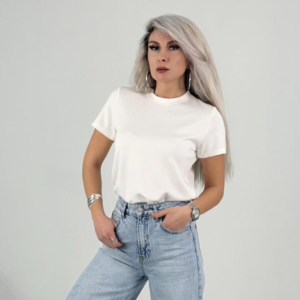 Beyaz Bisiklet Yaka Pamuklu Penye Tshirt