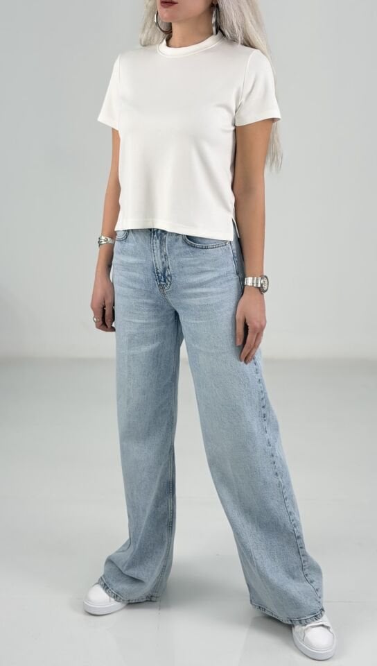 Buz Mavi Yüksek Bel Bol Paça Palazzo Jean